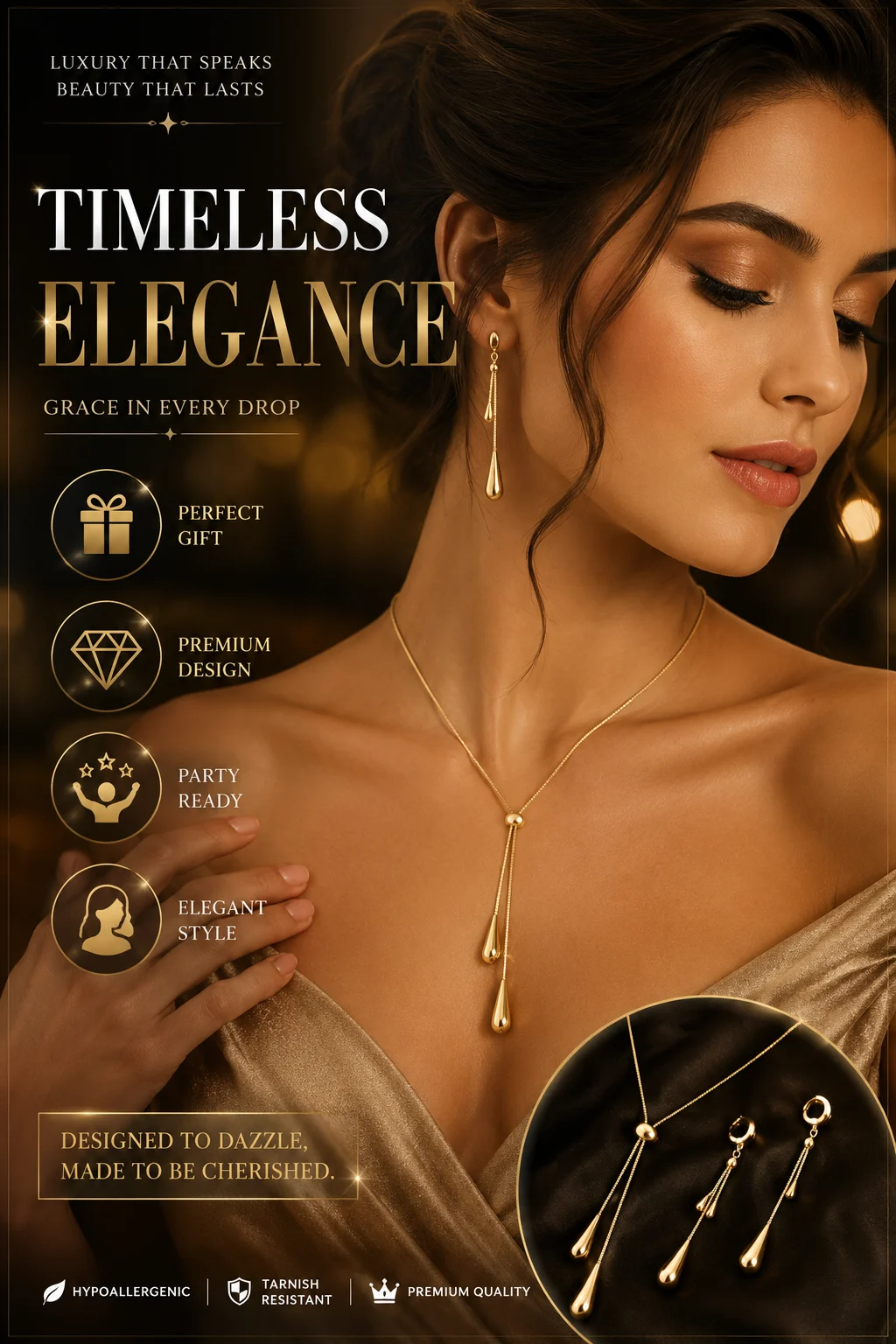 PALMONAS Dangling Teardrop Necklace & Earring Set