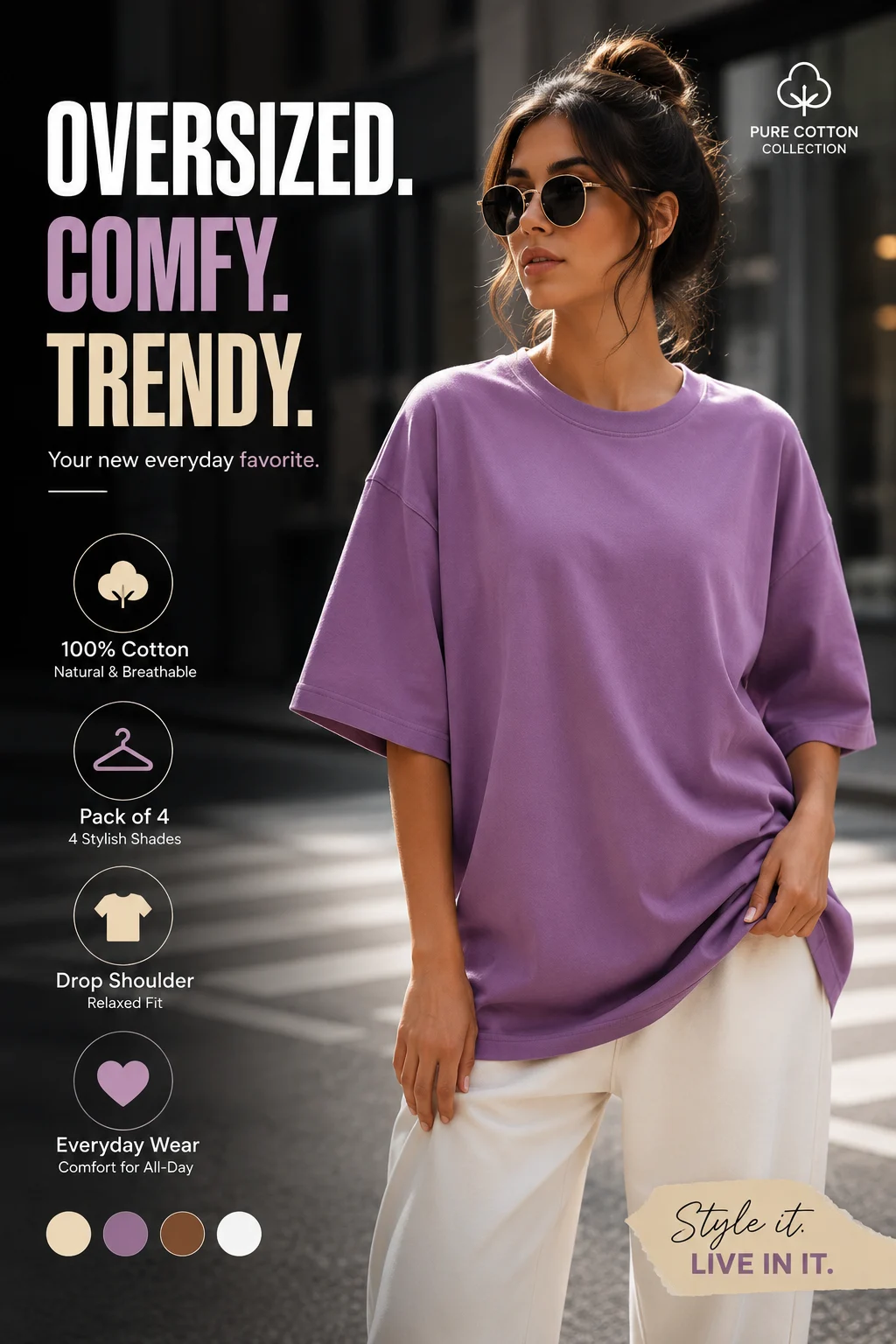 JUNEBERRY 100% Pure Cotton Oversized T-Shirt Combo for Women