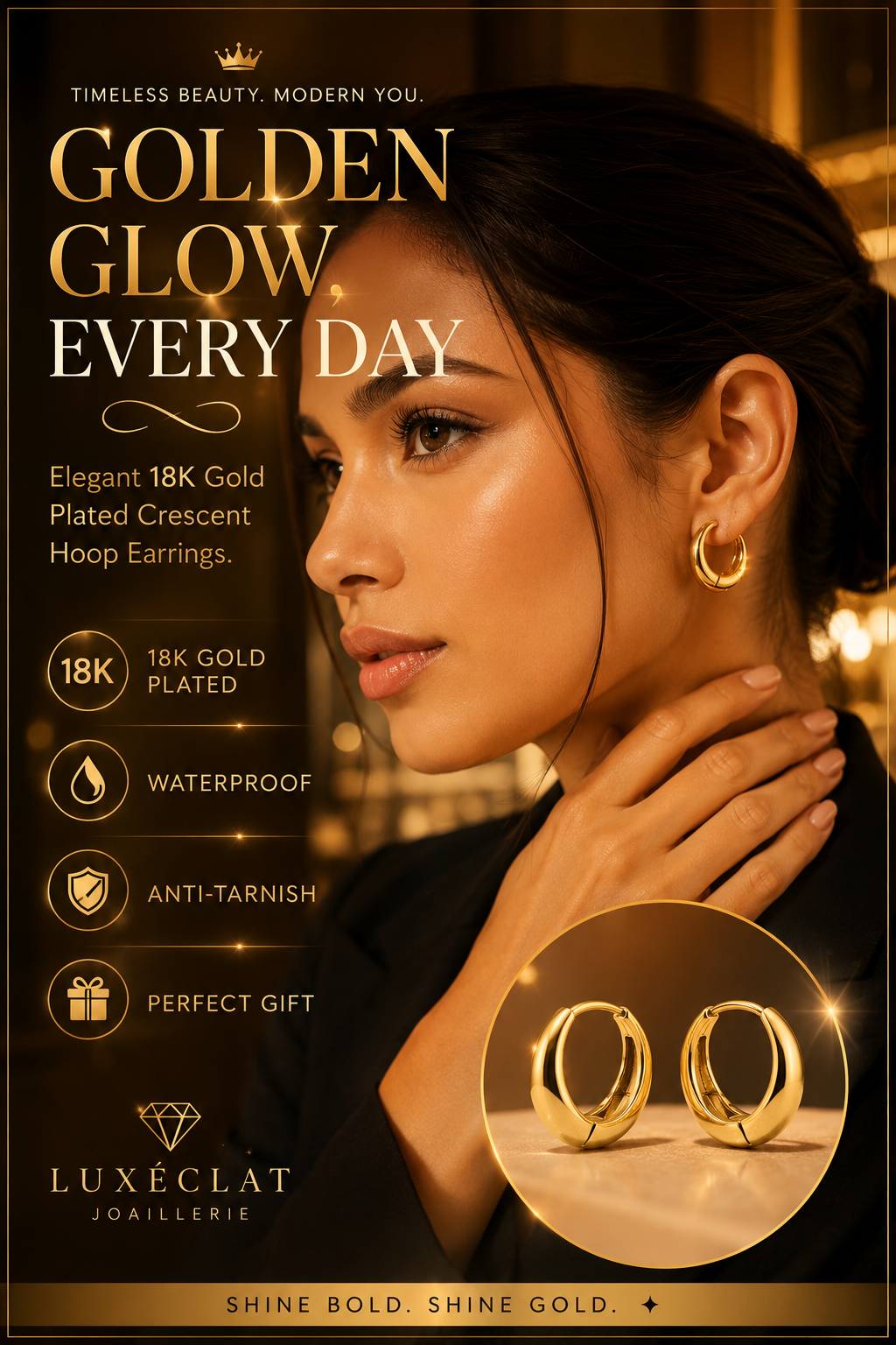 PALMONAS 18K Gold Plated Golden Crescent Hoop Earrings Review